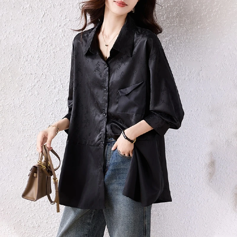 休闲减龄洋气长袖衬衫早秋新款中长款新中式大码女装宽松显瘦上衣
