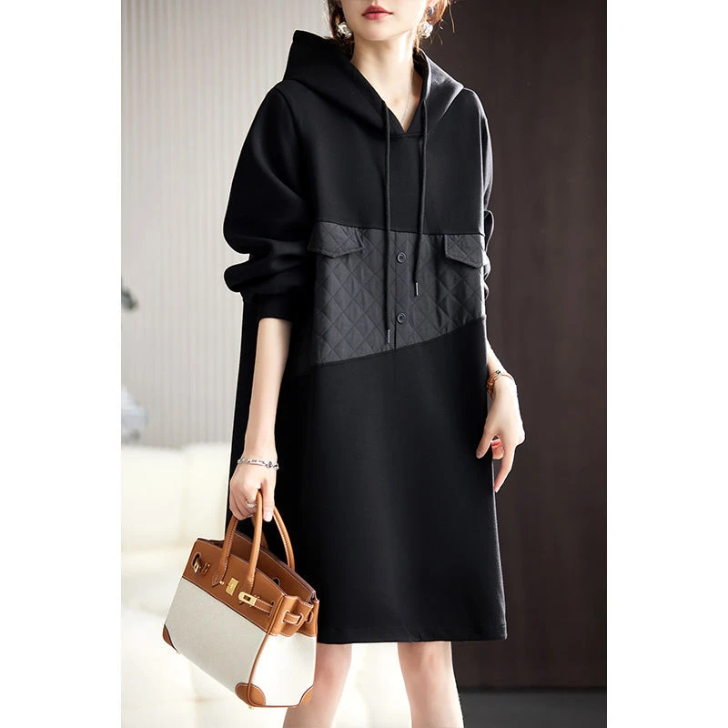 2025年秋新款气质中长裙欧货百搭休闲女装大码拼接连帽长袖连衣裙