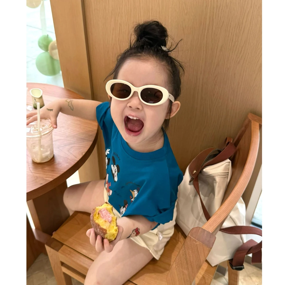 壹妈韩范童装儿童时髦套装夏季新款男女宝蓝色米奇t恤白色裤子