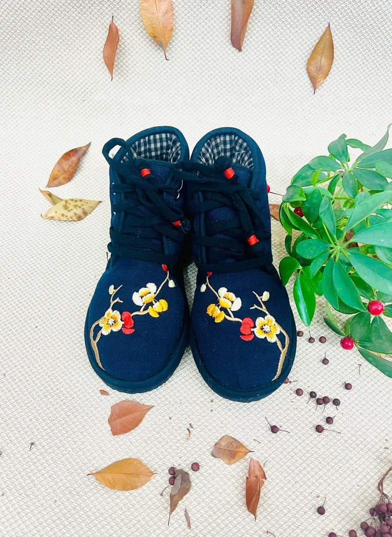 【腊梅—高帮系带】手工布千层底布棉鞋民族风系带平底老北京布鞋