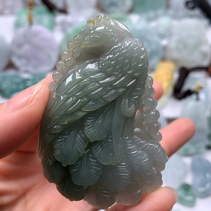 翡翠未镶嵌颈饰凤凰两面工艺卡厚10+