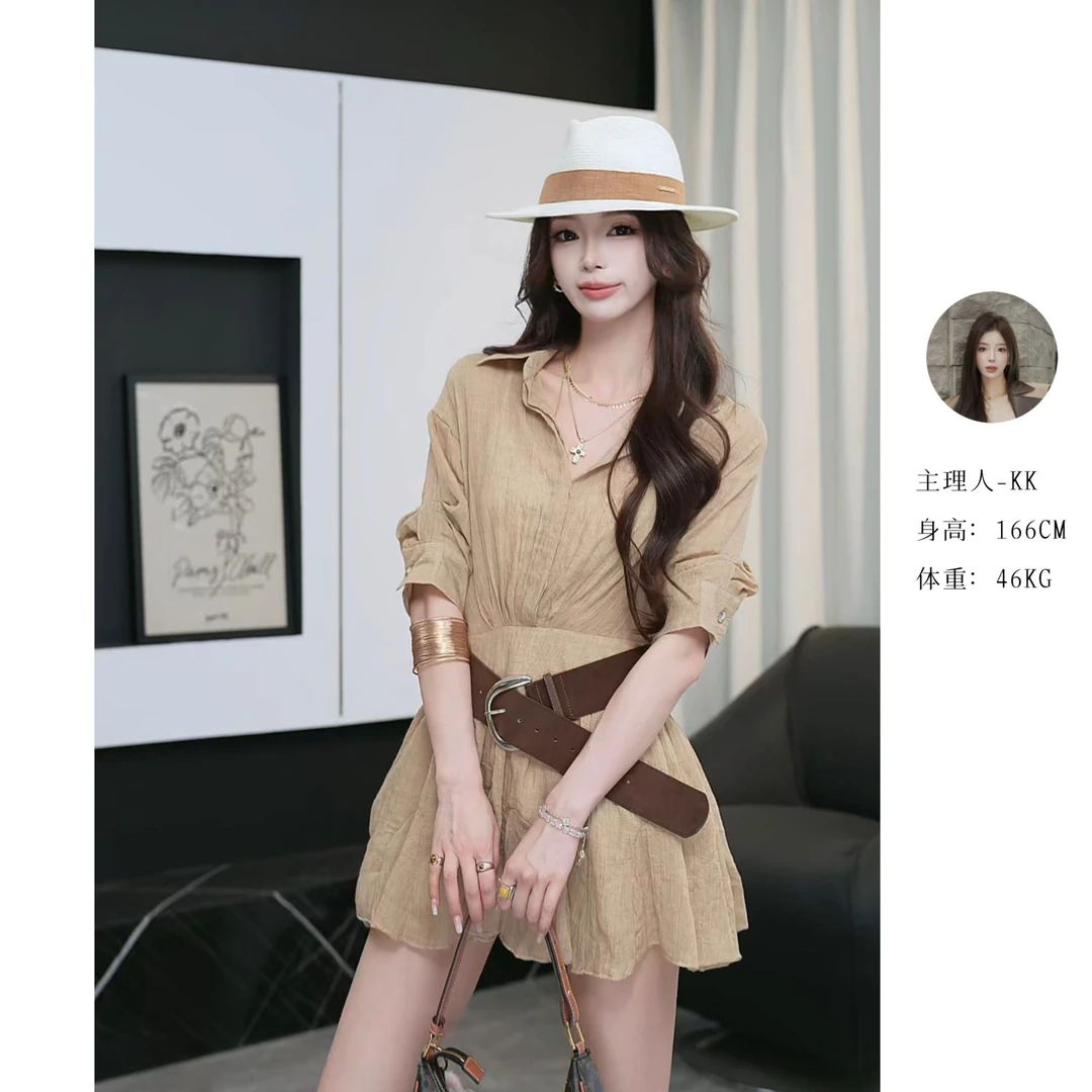 夏季新款女装衬衫连衣裙假两件拼接短袖衬衫百褶短裙+腰带C 8829#