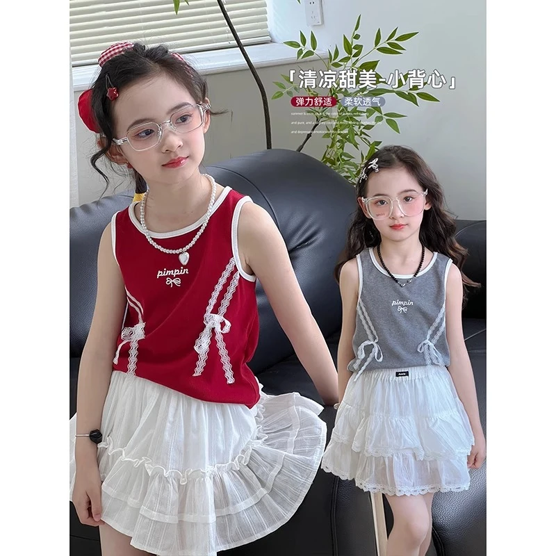 女童背心夏季新款儿童夏装洋气蕾丝无袖上衣女孩休闲T恤25042903