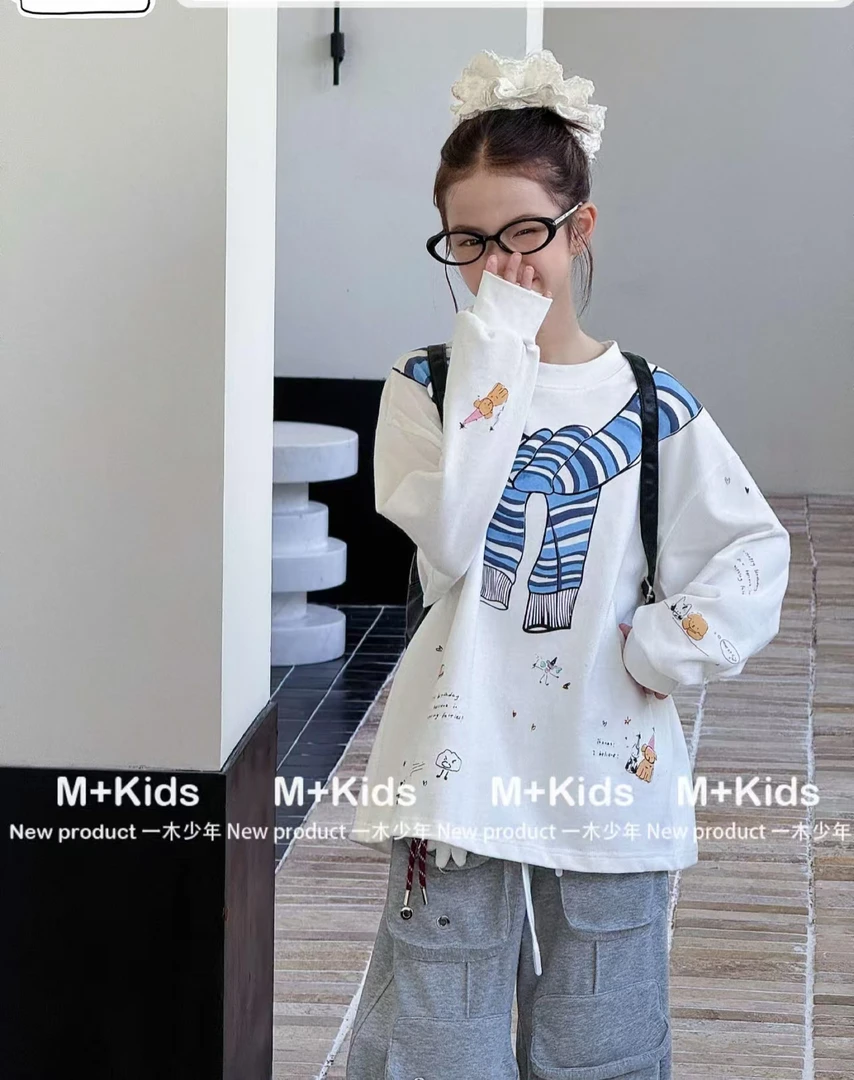 长袖休闲风百搭宽松型春秋女童T恤时尚印花假两件圆领