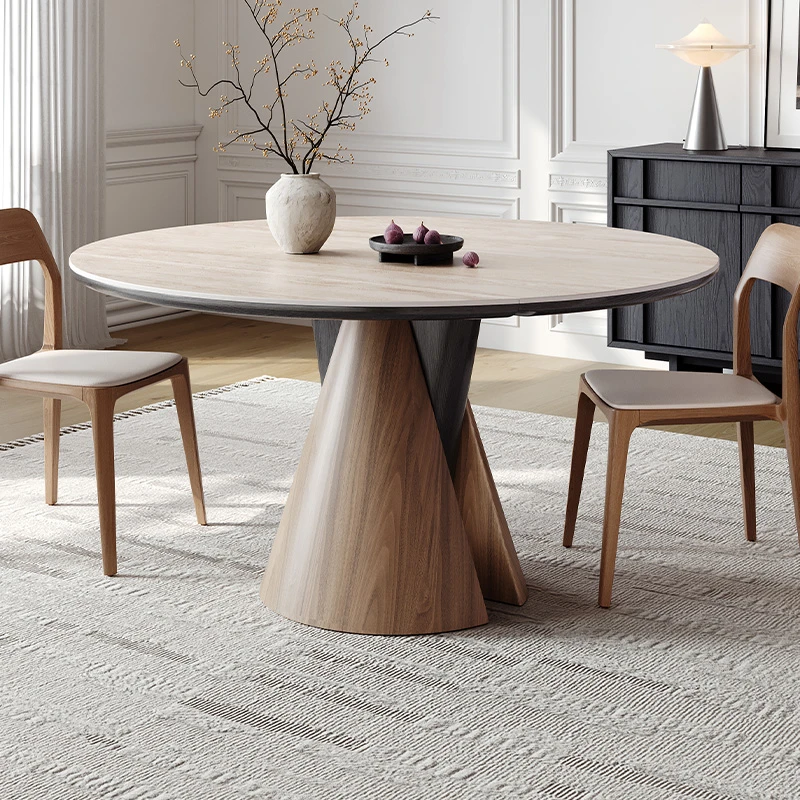 凡创佳品伸缩圆形岩板餐桌简约现代小户型家用奶油风餐桌可变圆桌