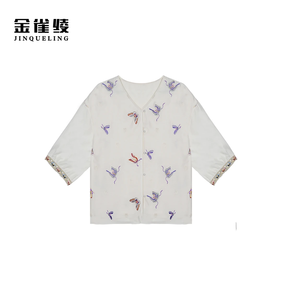 金雀绫【彩蝶翩翩】设计师款重工刺绣工艺加宽加大女装衬衫SZA1T101