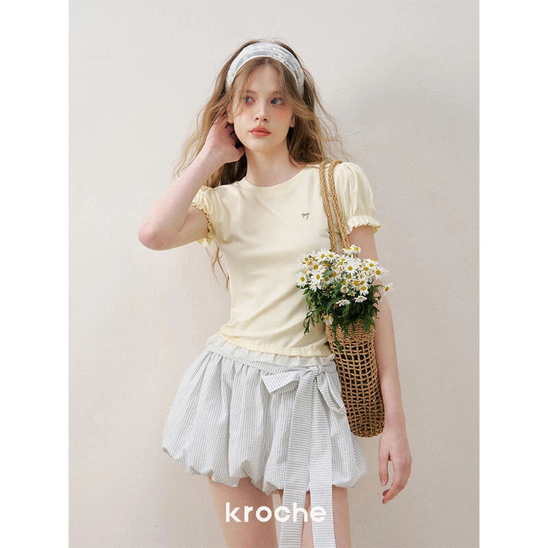 【雪宝专享】Kroche 铃兰絮语 木浆纤维 蕾丝拼接花苞袖圆领短袖T恤