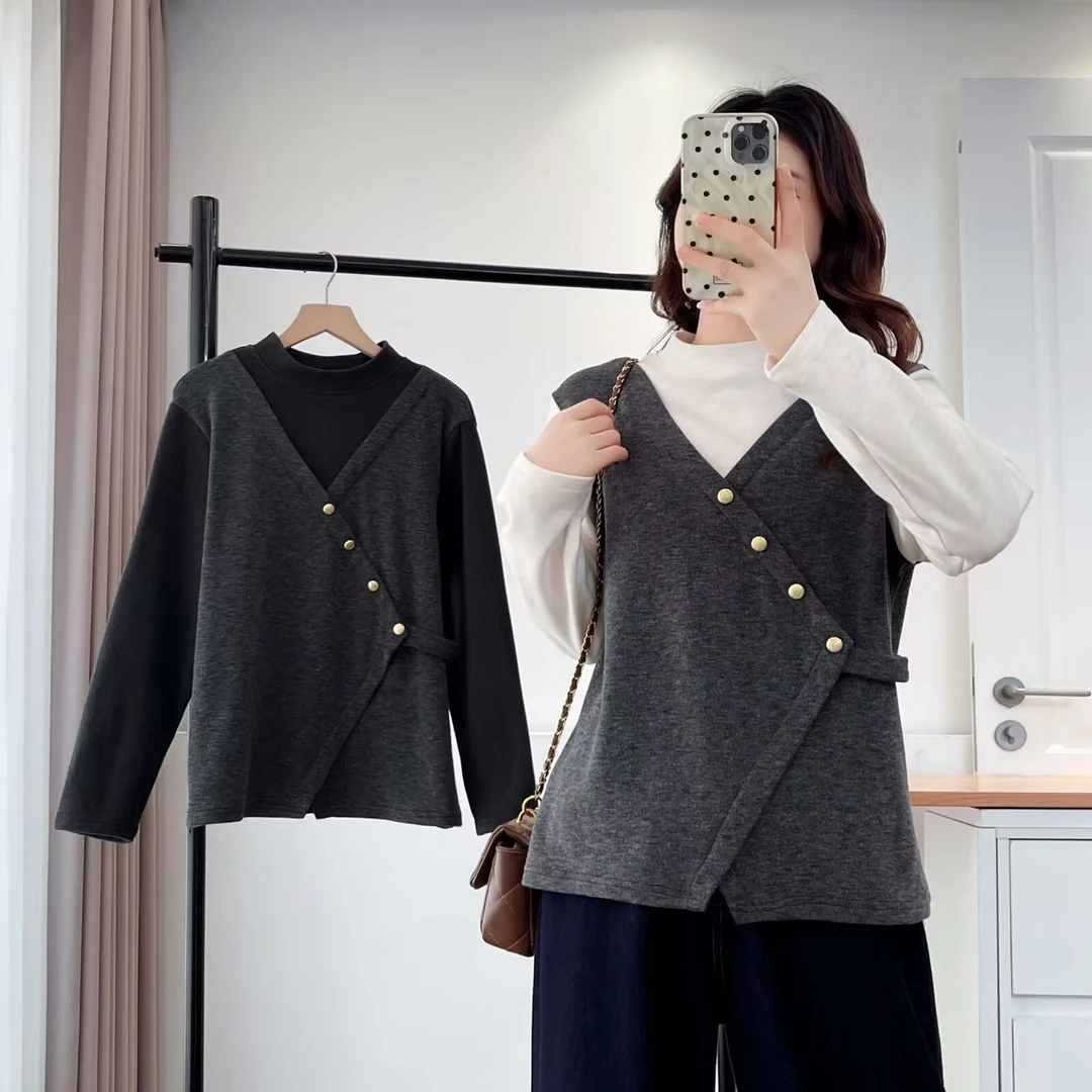 晓梦优大码女装常规大码T恤圆领女长袖半高领拼接常规款宽松型