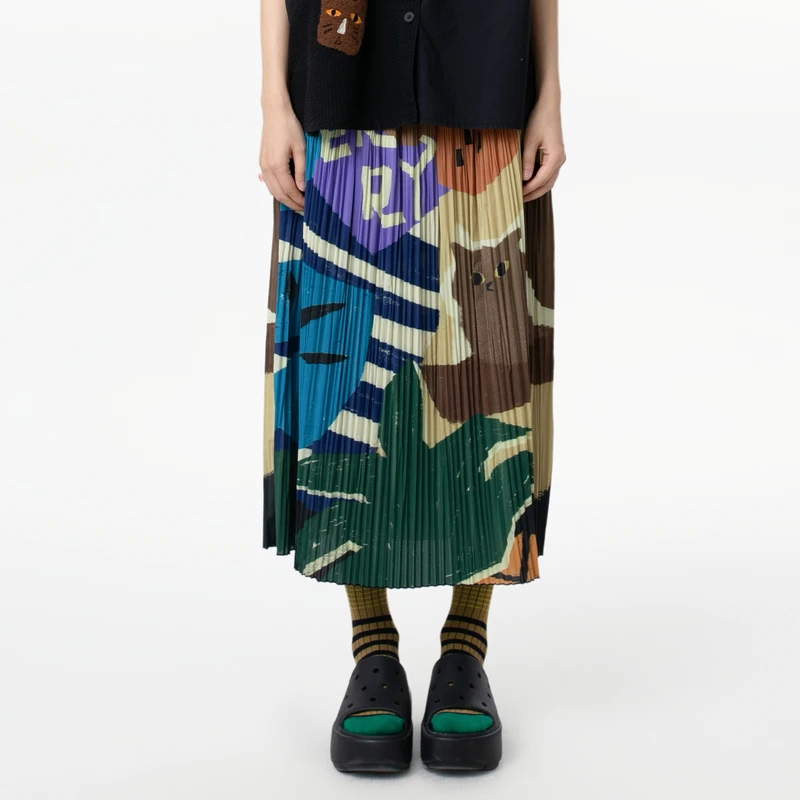 MOVEUP幻走2025夏季新款.FUN 丈根腰头印花压褶半身裙325220603