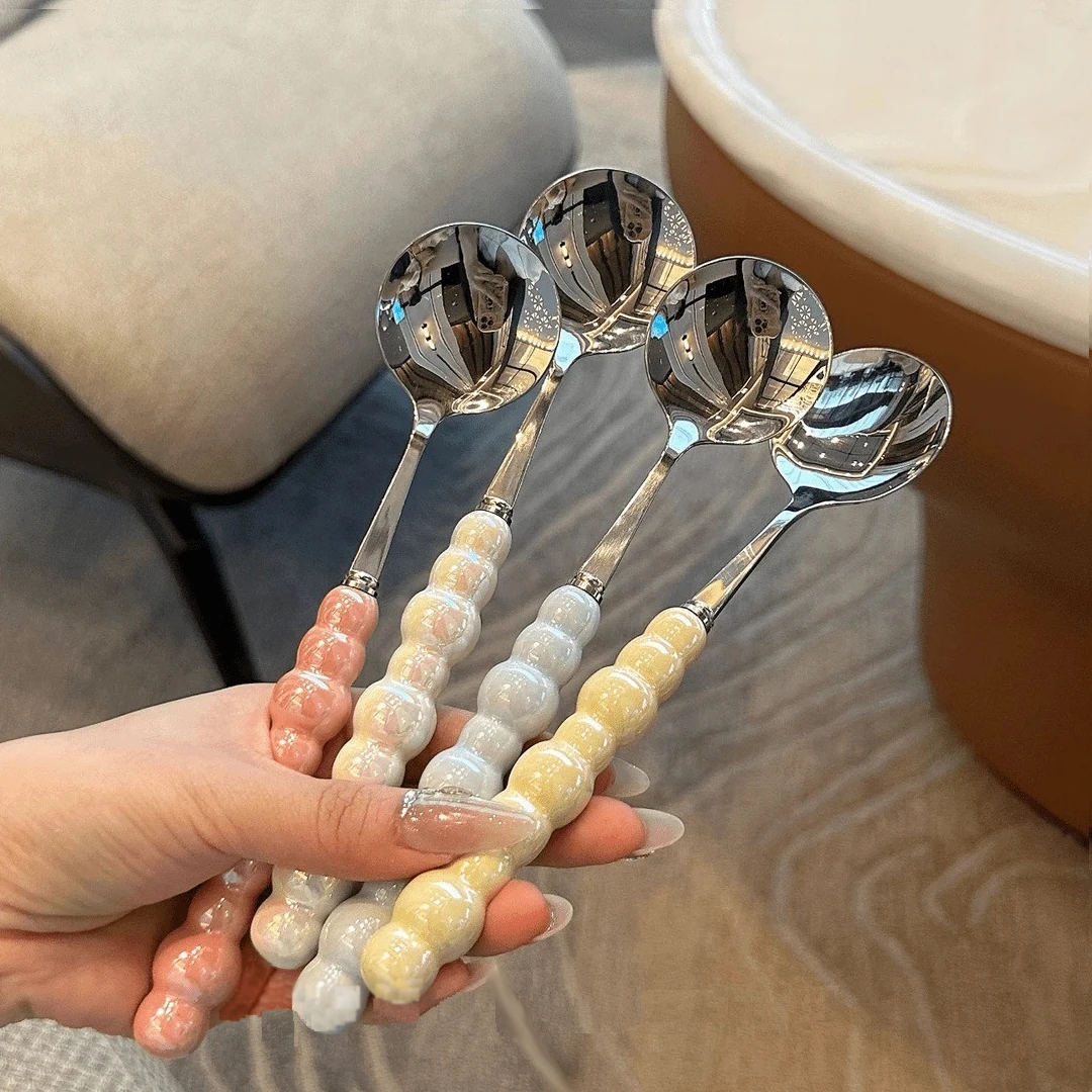 勺子家用不锈钢珍珠柄勺仿陶瓷柄少女心吃饭勺轻奢汤勺网红圆勺