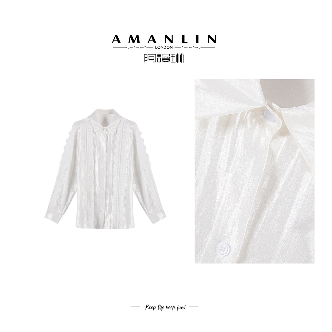 【AMANLIN】欧若风蕾丝花边设计感白色时尚百搭气质衬衫上衣F595355