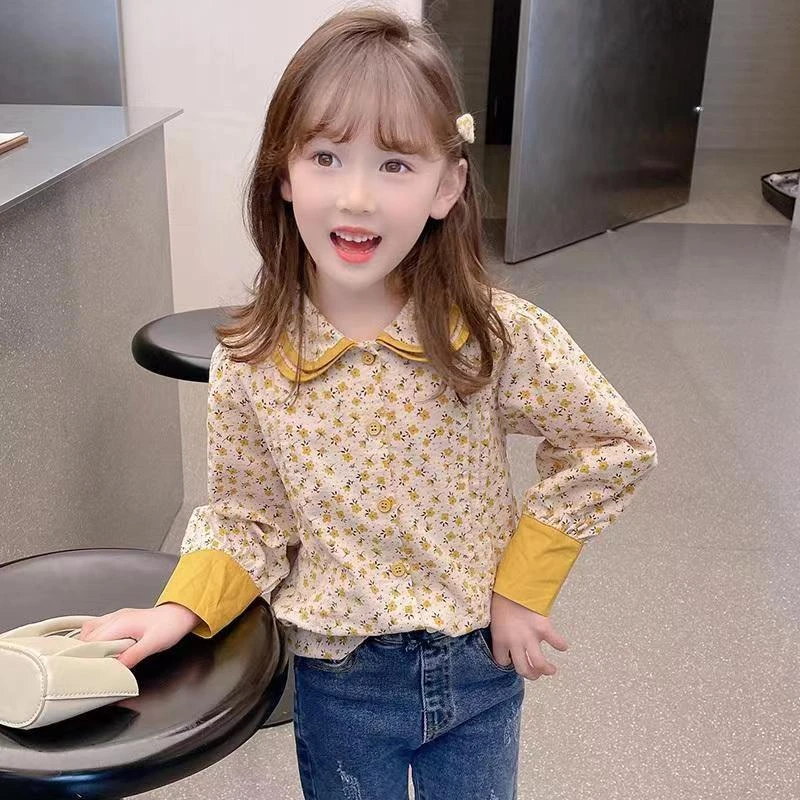 长袖女童碎花衬衫洋气秋装2025新款娃娃领时髦春装秋季上衣衬衣女