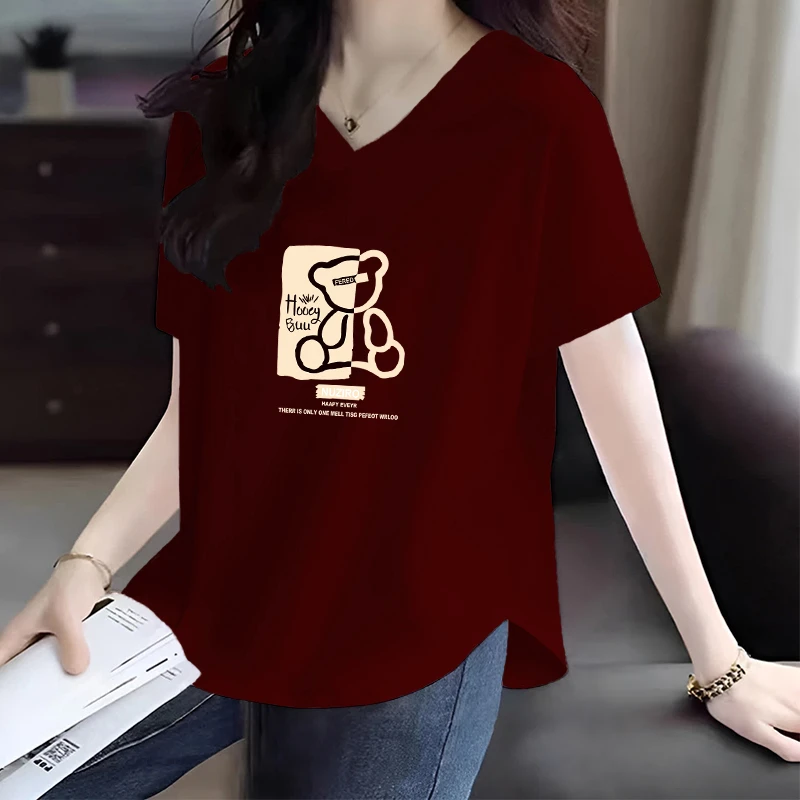 2025夏季新款纯棉短袖V领T恤女士休闲百搭宽松圆弧下摆设计感上衣