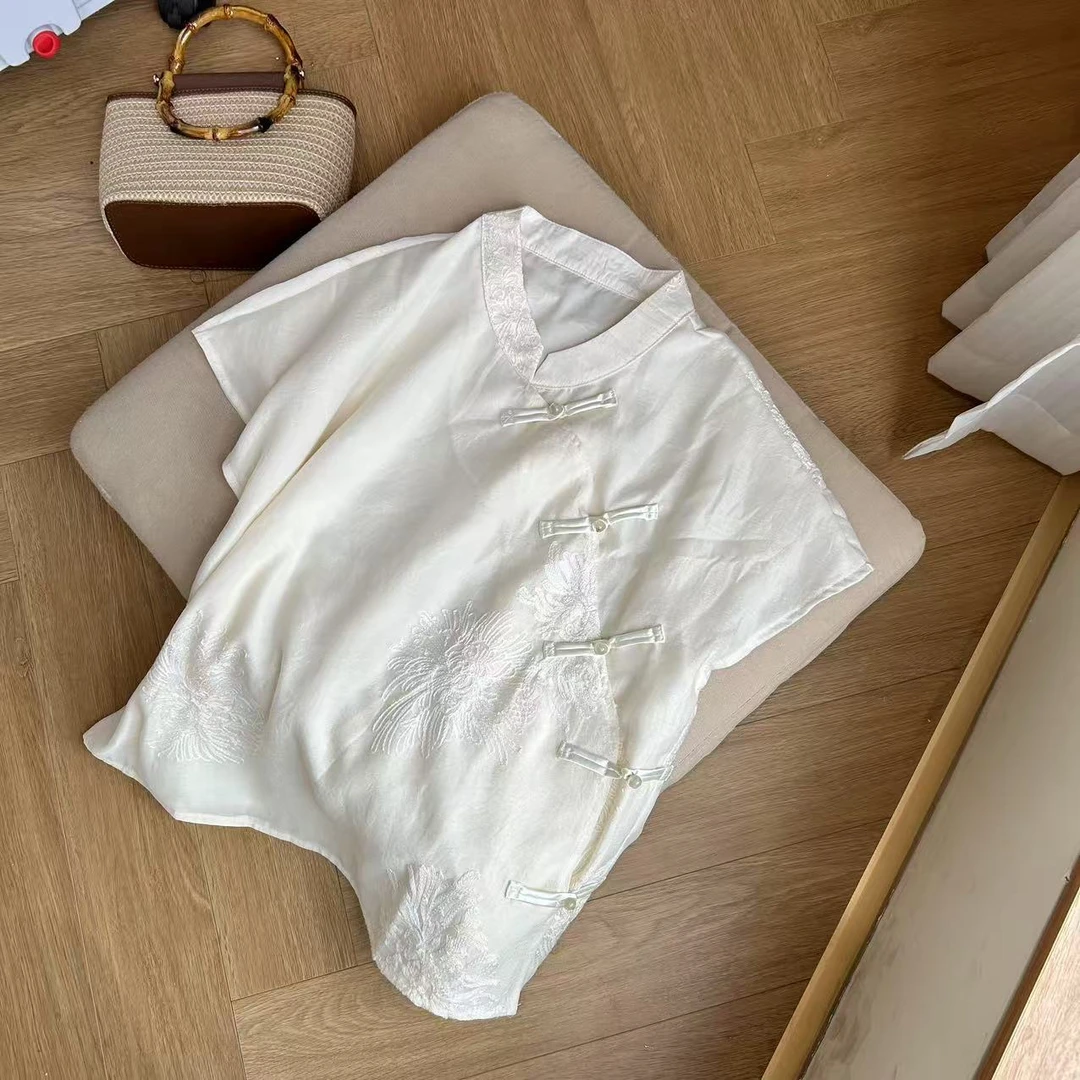 116复古刺绣小众衬衫女夏改良新中式国风改良盘扣宽松高级感上衣