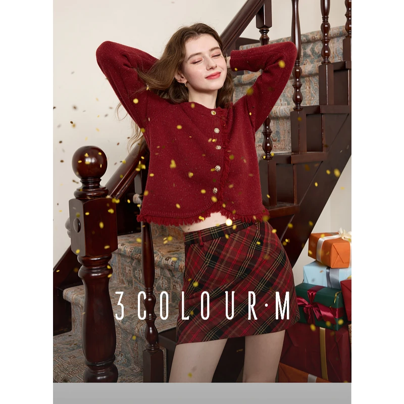 三彩2025春季新款香风针织开衫圆领毛衣外套毛边优雅毛衫气质M