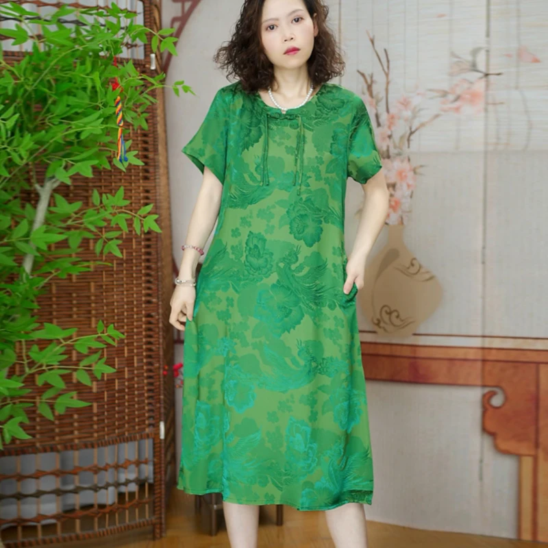 96 新中式改良女装连衣裙提花裙子大码显瘦气质时尚夏季宽松复古