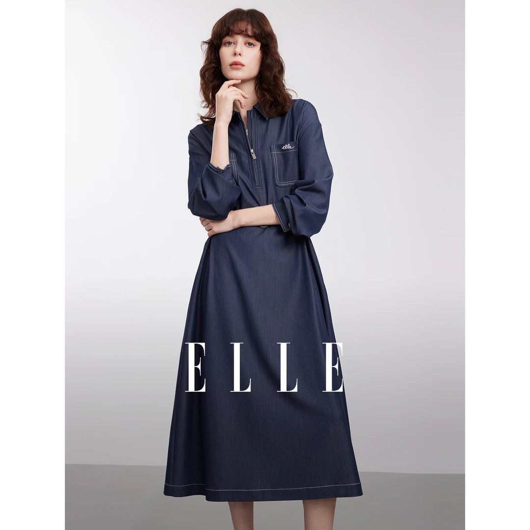 ELLE法式高级感长袖牛仔连衣裙女2025春新款拉链独特通勤EL50600