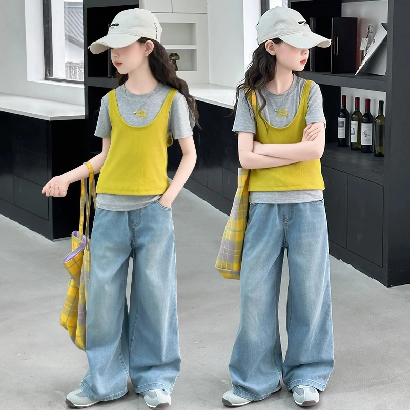 女童夏季多巴胺套装2025新款洋气背心叠穿上衣女大童牛仔裤三件套