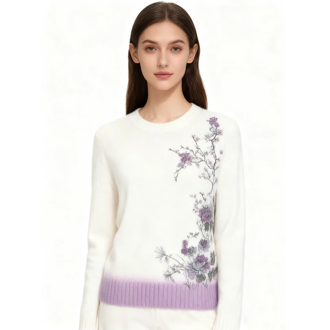 过年系列！重工刺绣！精纺山羊绒刺绣白色针织圆领套头衫