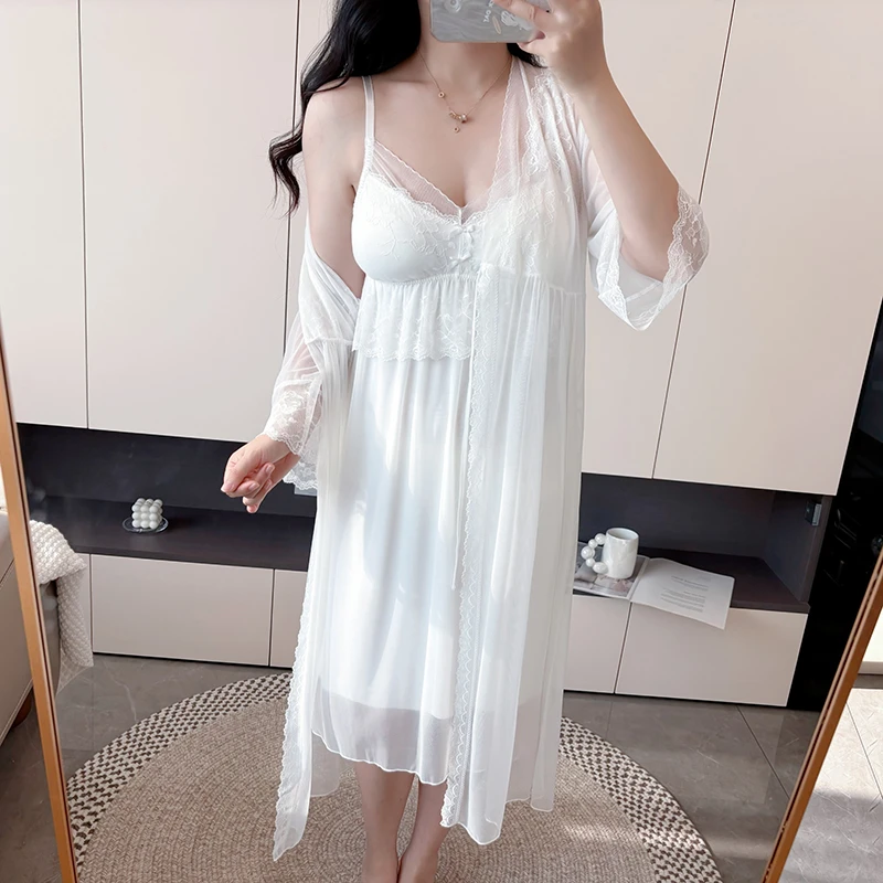 苏雅婷微胖女孩睡衣春夏性感纯欲风蕾丝吊带睡裙披肩套装两件套