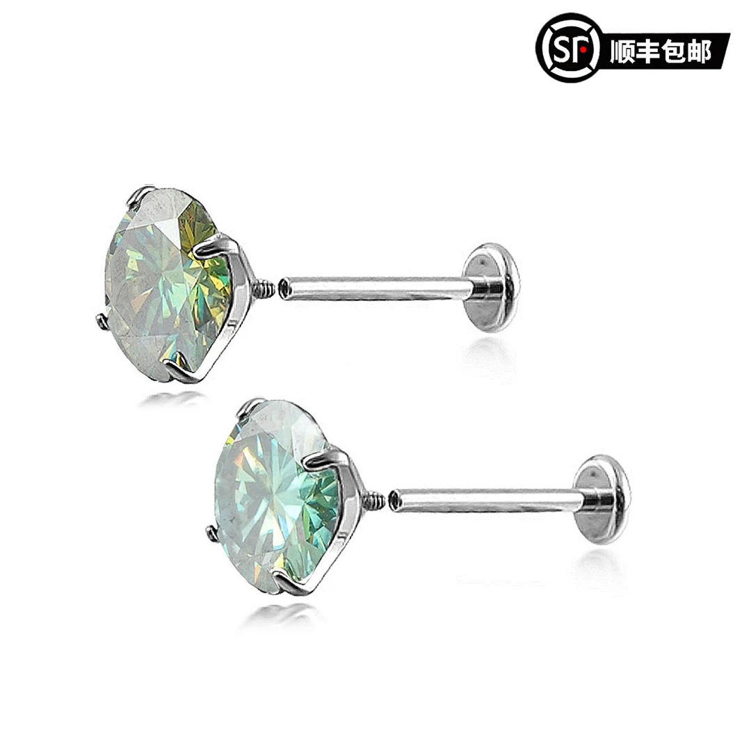 WIC湖水绿F136钛合金一克拉墨绿色莫桑钻单钻耳钉