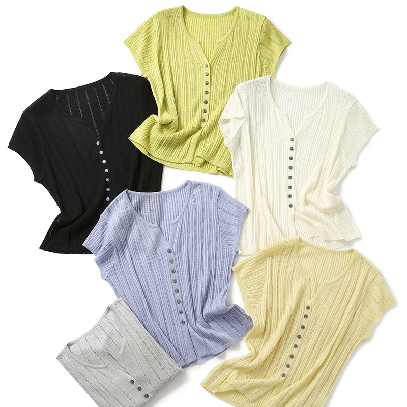 针织短袖女2025新款百搭简约冰丝排扣镂空坑条V领开衫上衣