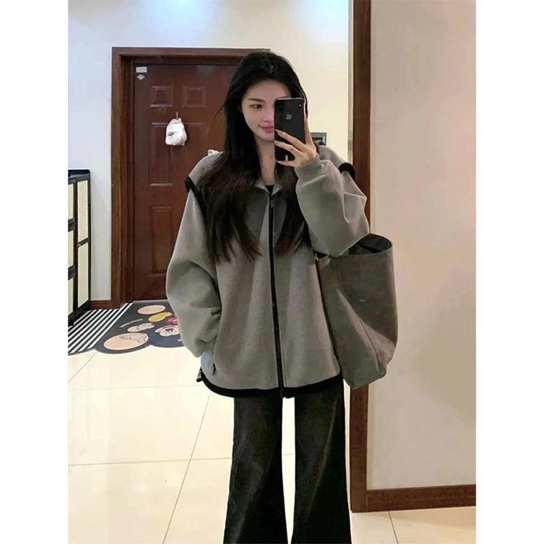 美式复古大码300斤胖mm休闲加绒卫衣外套女秋冬新款撞色开衫夹克