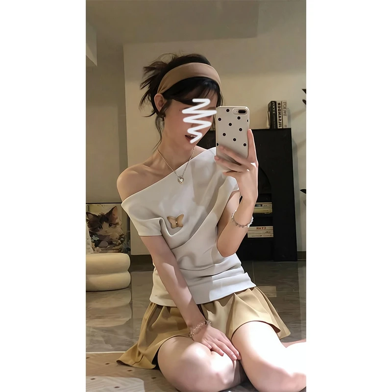 2025夏季新款设计感小众不规则露肩短袖T恤上衣高腰显瘦半身裙女