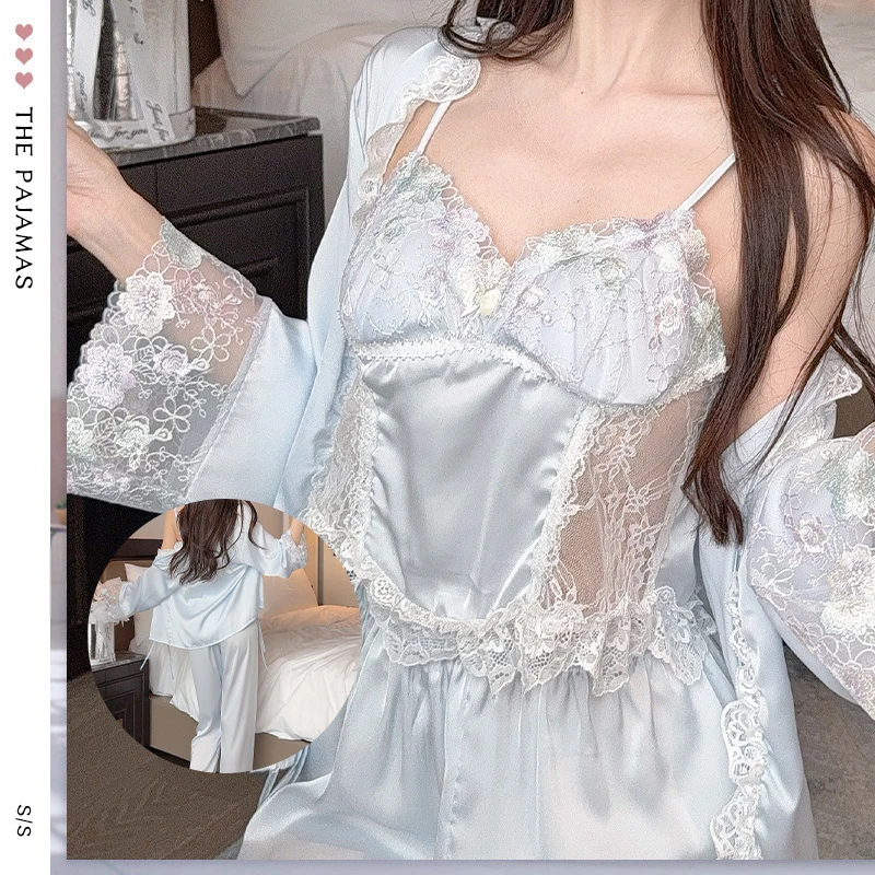 浔觅/Xunmi 女士家居服三件套吊带长裤外袍甜美纯欲风女生睡衣