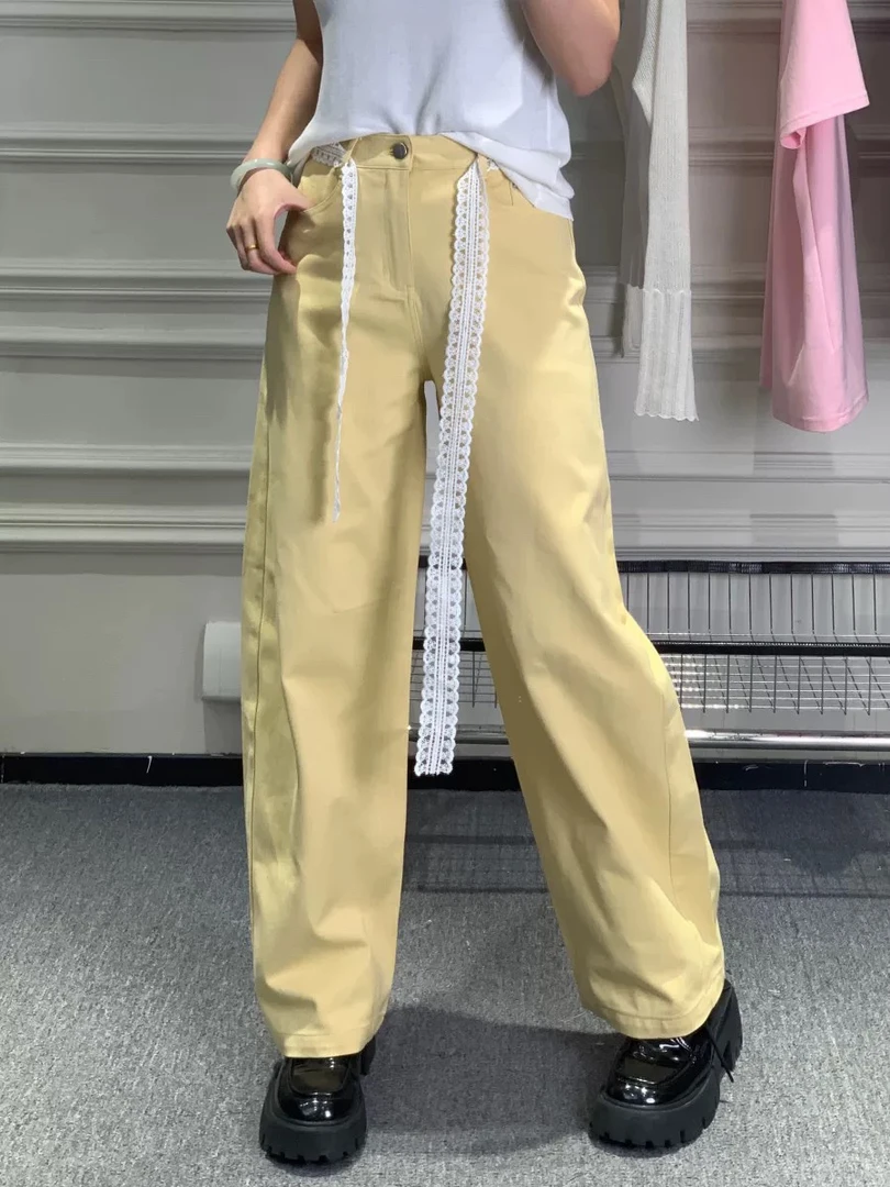 【南油颖颖】新款中腰蕾丝腰带亚麻弯刀裤休闲裤宽松阔腿裤52075