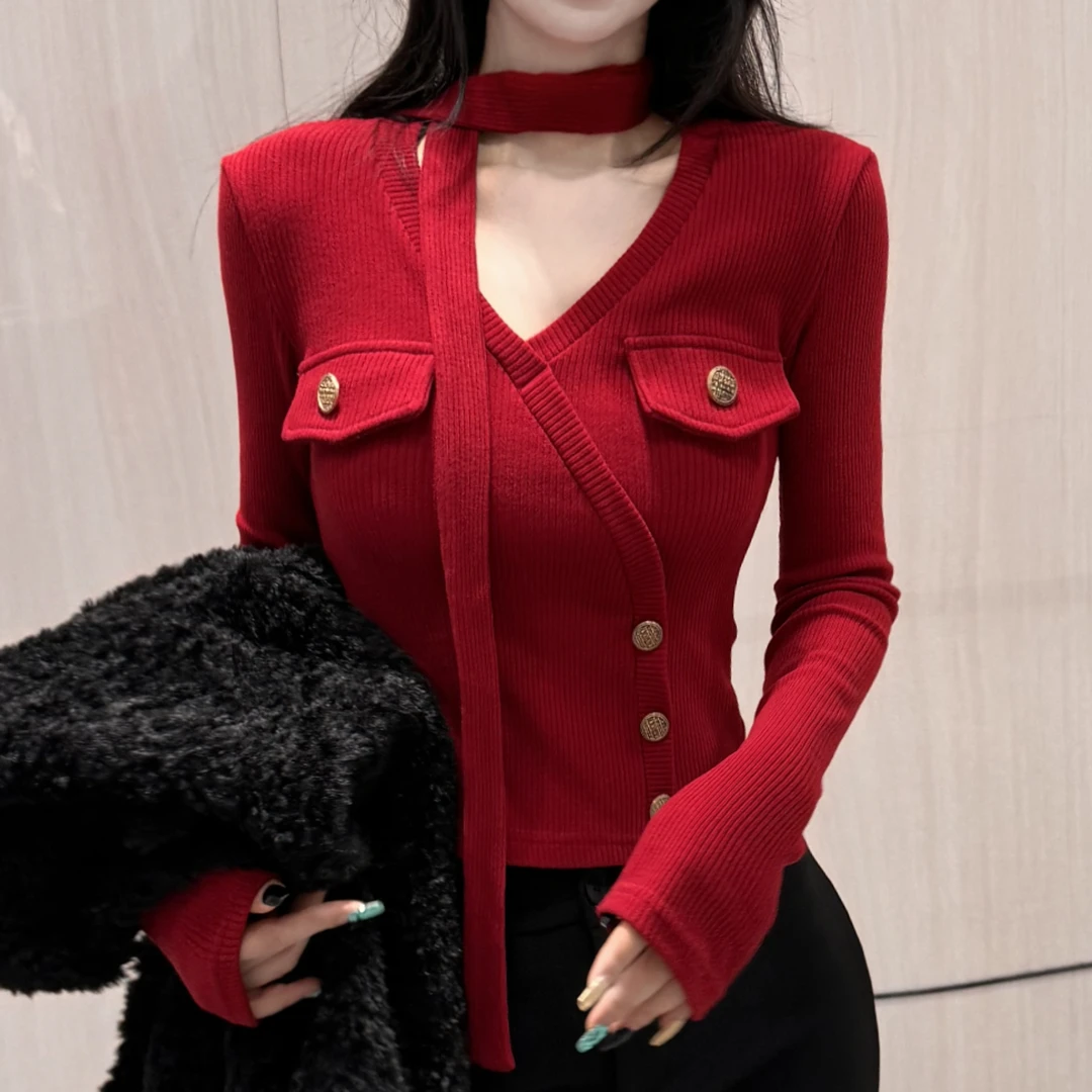 新年战袍V领飘带秋冬新款纯欲辣妹风挂脖长袖T修身显瘦上衣打底衫