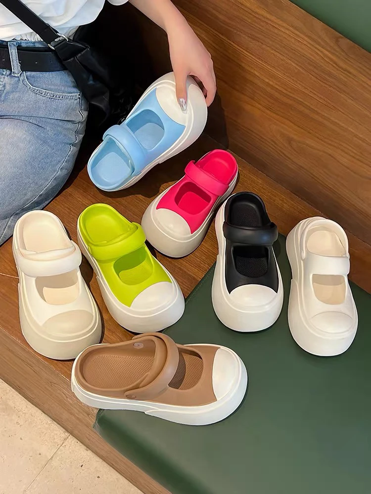 通用百搭防滑韩版网头休闲包头拖松糕底洞洞