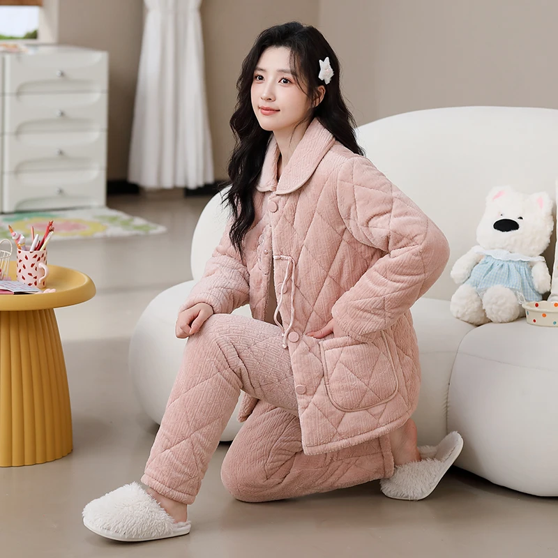 睡衣女冬季三层夹棉珊瑚绒加绒加厚保暖小香风高级感家居服秋冬天