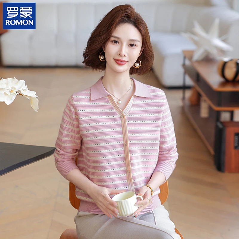 罗蒙时尚气质秋季妈妈装中年系扣翻领衬衫中老年女装条纹秋款上衣