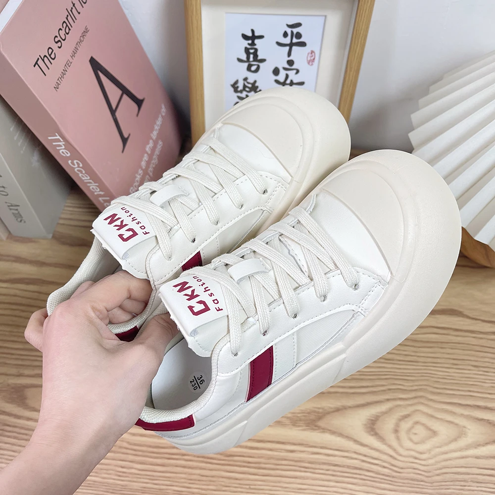 K830 米红系带厚底奶盖休闲小白鞋女2024新款潮流百搭复古板鞋
