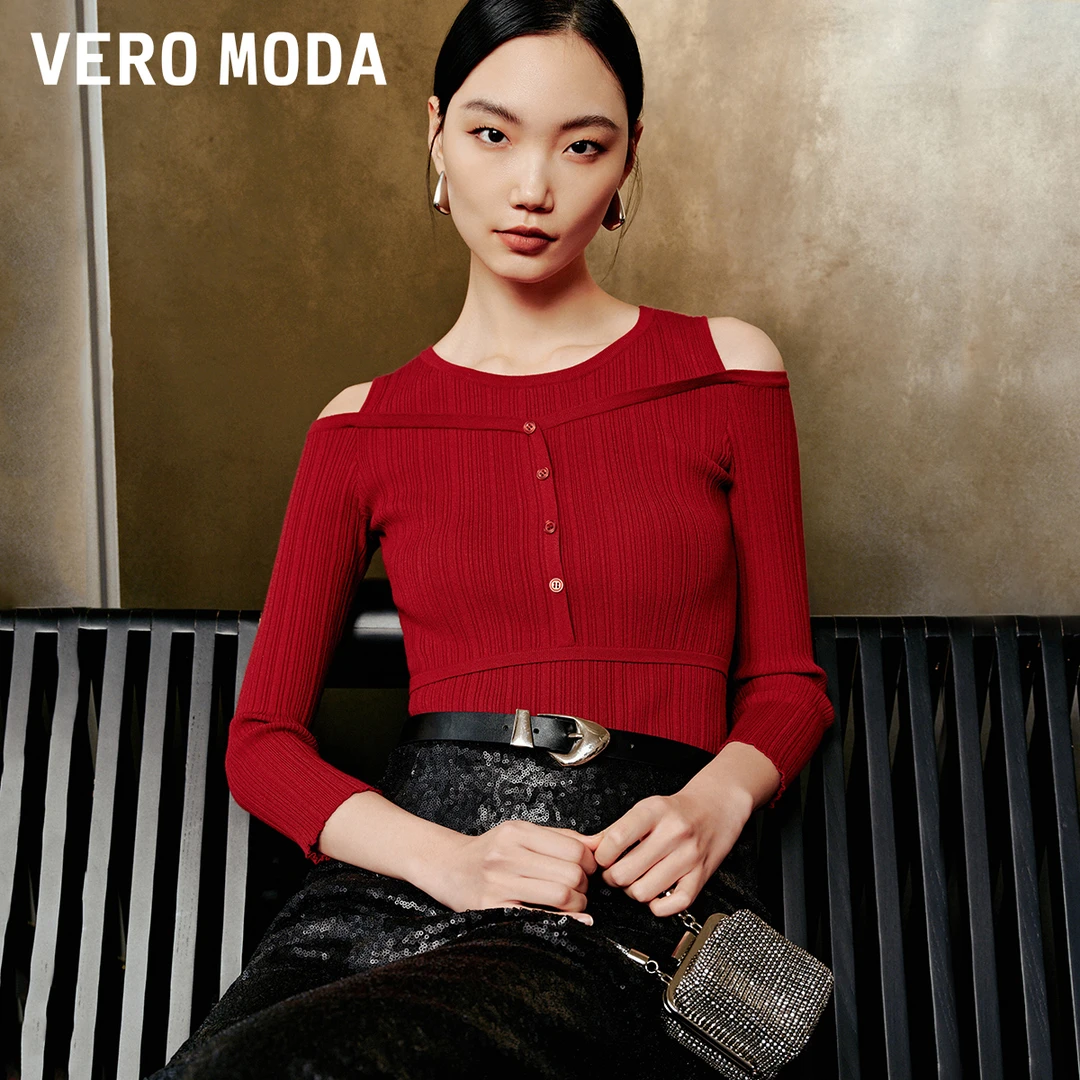 Vero Moda针织衫商场同款挖肩设计纽扣装饰七分袖流光风325124059