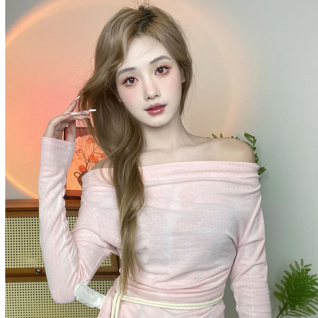 一字肩晕染网纱百搭上衣a字短裙纯欲套装设计感