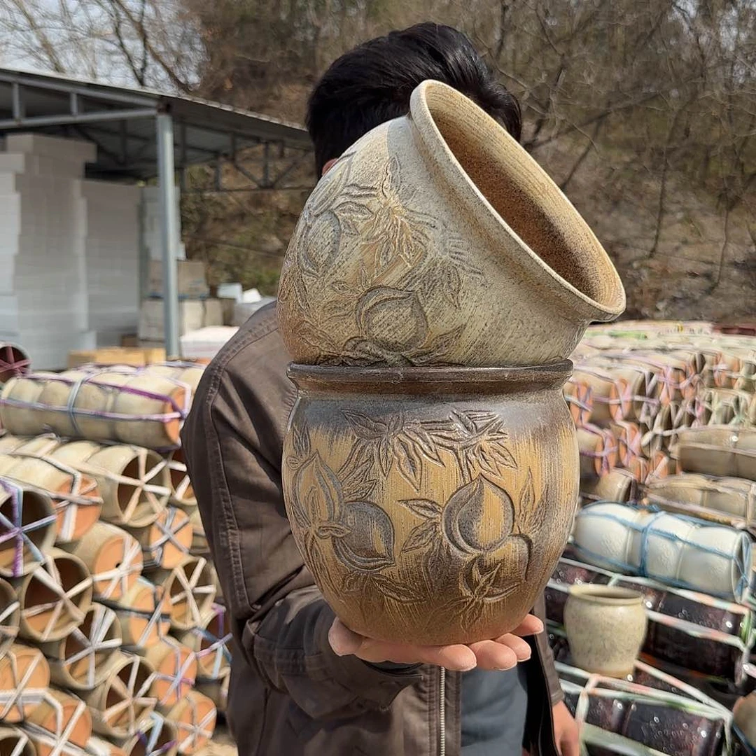 紫砂花盆口20高18（两个桃子柴烧