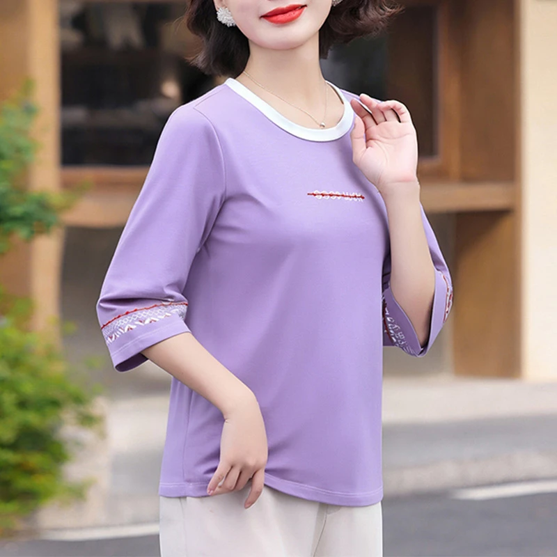 凉感透气精梳棉新中式圆领七分袖t恤女夏季25新款民族风中袖上衣