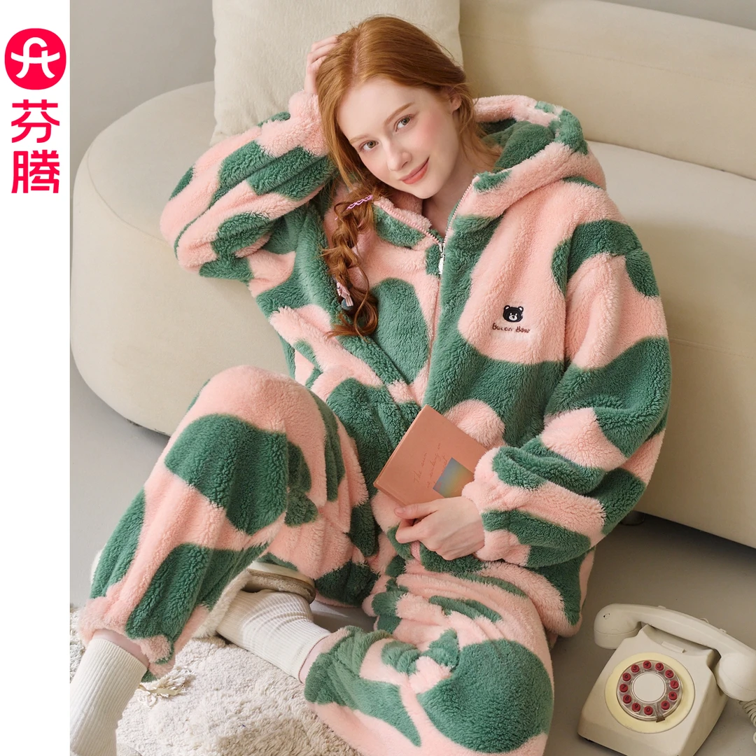 芬腾女士睡衣秋冬季珊瑚绒连帽套装女款法兰绒加绒保暖加厚家居服