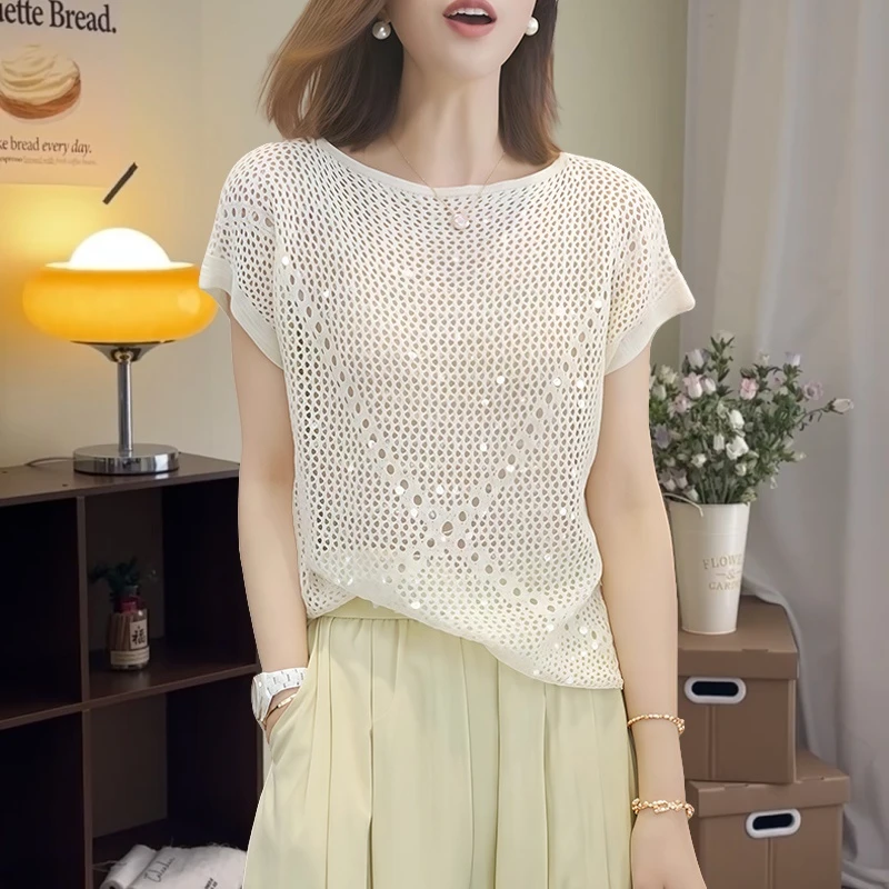 重工亮片镂空针织衫女2025夏季薄款短袖t恤洋气减龄宽松圆领上衣