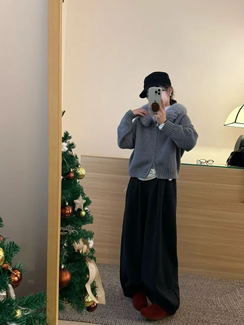 2026秋冬新款韩系大毛领连帽拉链慵懒千金风毛衣开衫外套休闲裤