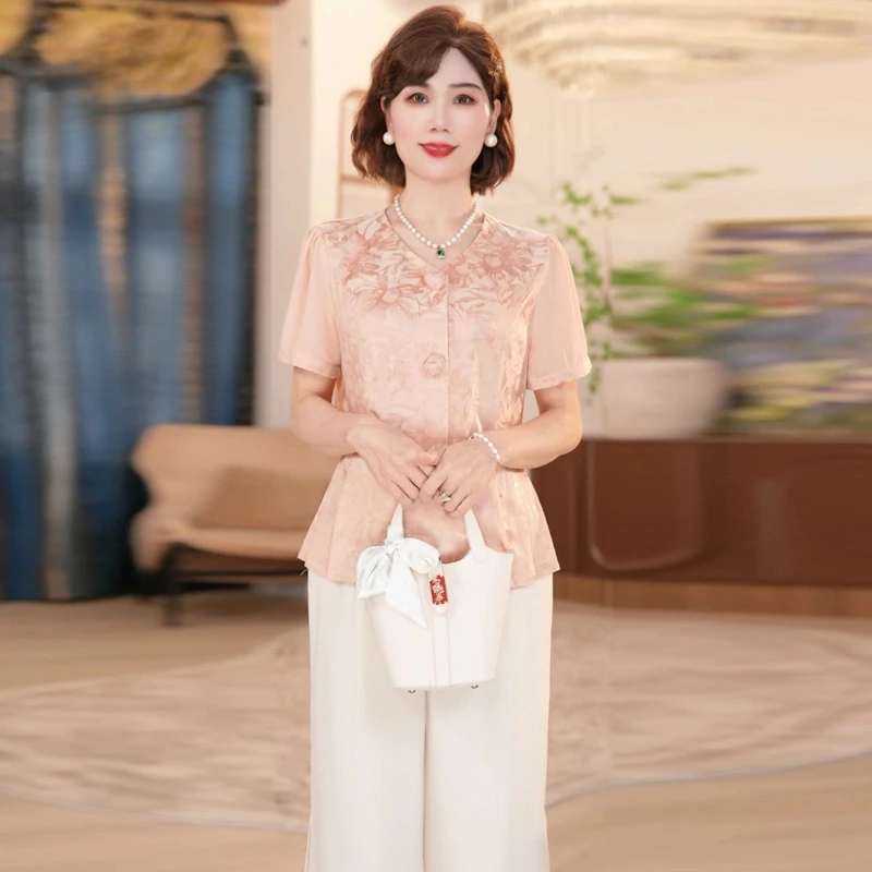 2025新款洋气中老年母亲女装时尚国风上衣套装气质妈妈装夏季上衣