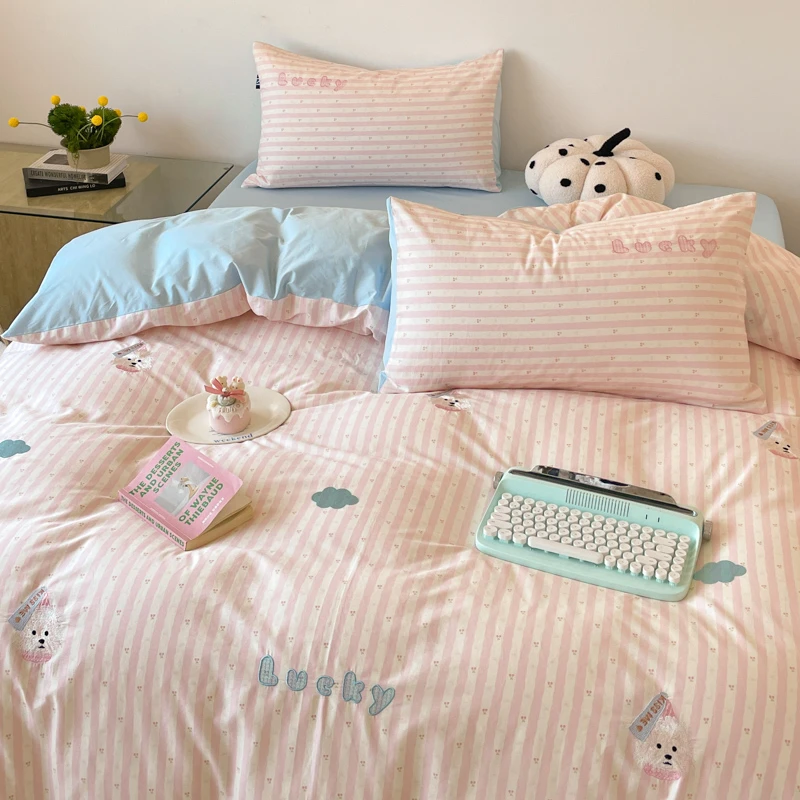 卡通风快乐狗狗刺绣床上四件套纯棉100%全棉被套床单床笠四季通用