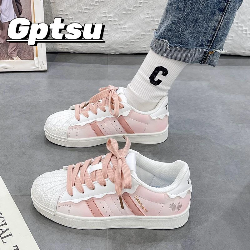 GPTSu贝壳头小白鞋女生春季新款爆款樱花粉平底休闲港风百搭板鞋