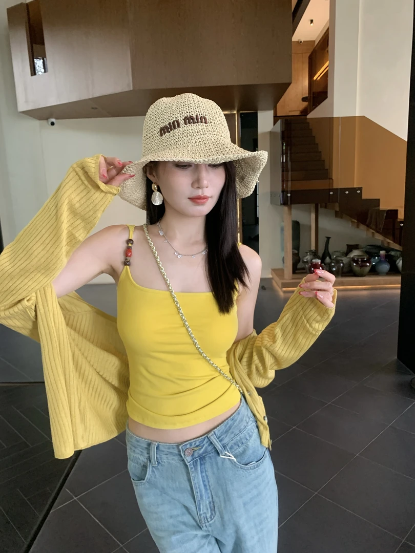 串珠固定杯一体吊带背心女外穿短款内搭绝美美背无袖上衣