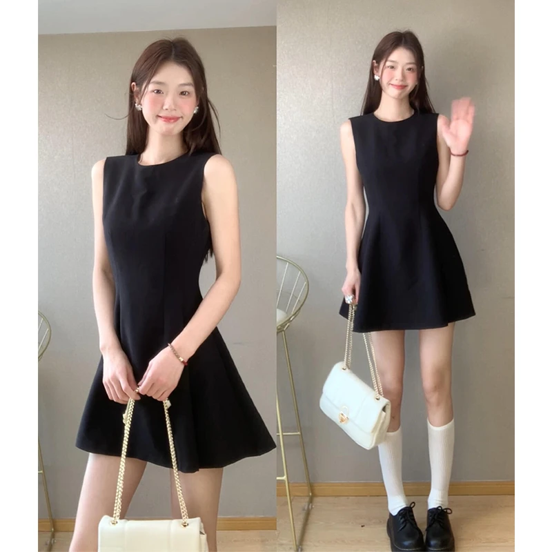 黑色小黑裙法式收腰a字短裙女夏季裙子无袖收腰黑色连衣裙