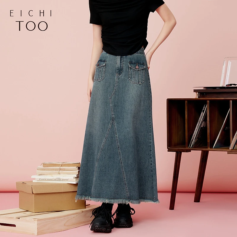 爱居兔复古时尚工装风时尚牛仔半身裙鱼尾裙EQDNJ2P002A