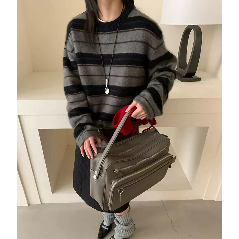 「粗细条纹」气质条纹~冬季新款圆领套头毛衣宽松显瘦针织衫-5726