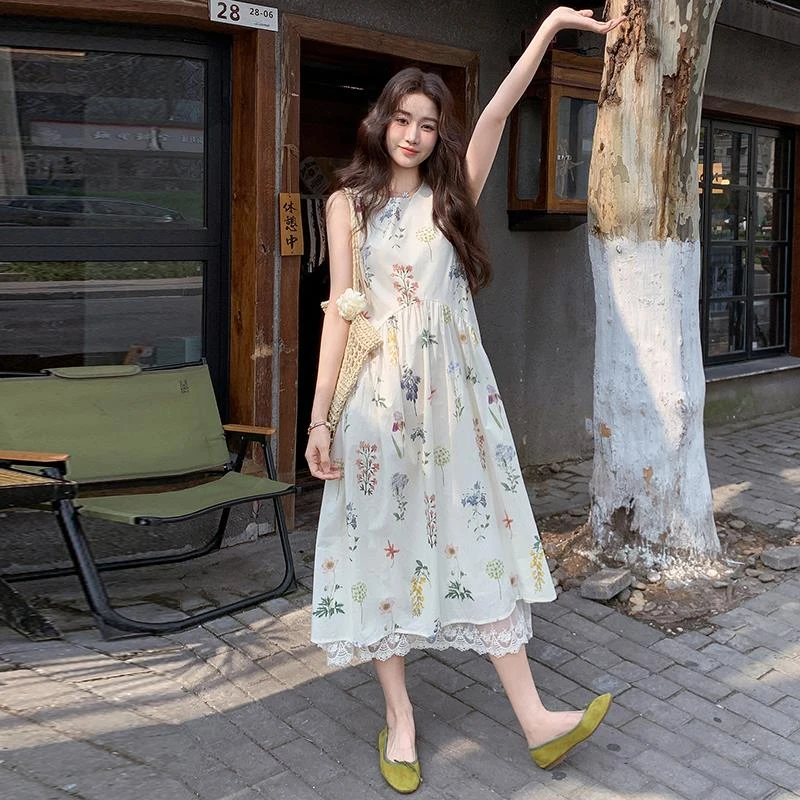 无袖碎花连衣裙女中长款夏季2025今年流行法式茶歇减龄甜美长裙子